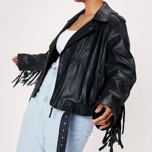 Nasty Gal - Fringe Leather BikerJacket - Size 16